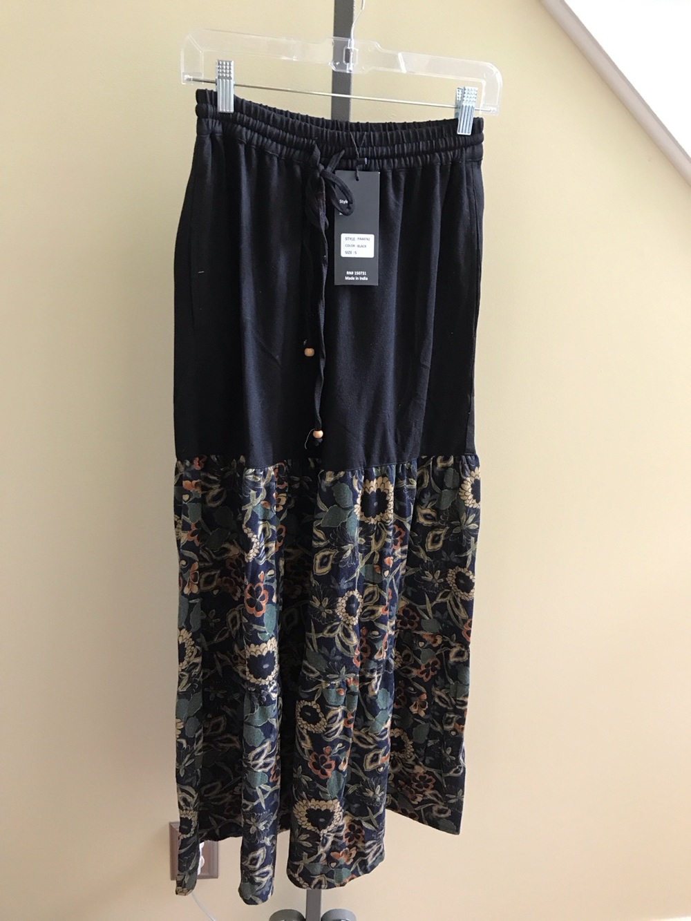 Wide Leg Mixed-Media Pants in Black with Floral Skirt Panel